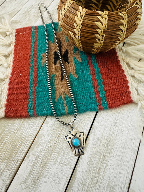 Navajo Turquoise & Sterling Silver Pearl Beaded Thunderbird Necklace