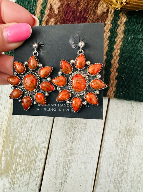 Navajo Sterling Silver Apple Coral Cluster Dangle Earrings