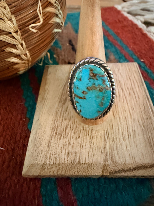 Old Pawn Handcrafted Turquoise & Sterling Silver Cigar Band Ring Size 10