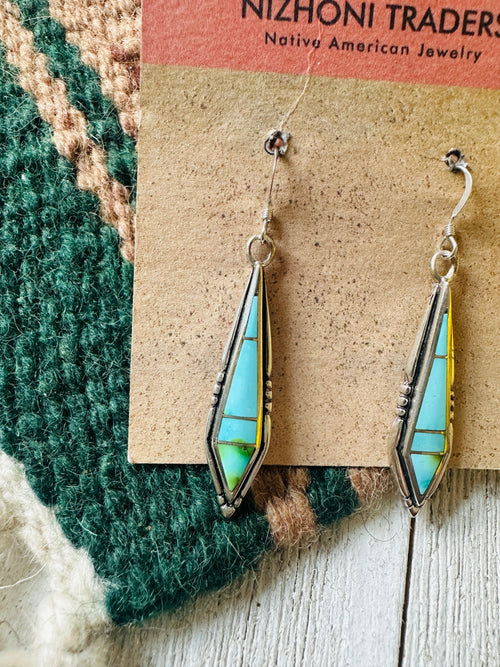 Navajo Sonoran Mountain Turquoise And Sterling Silver Inlay Dangle Earrings