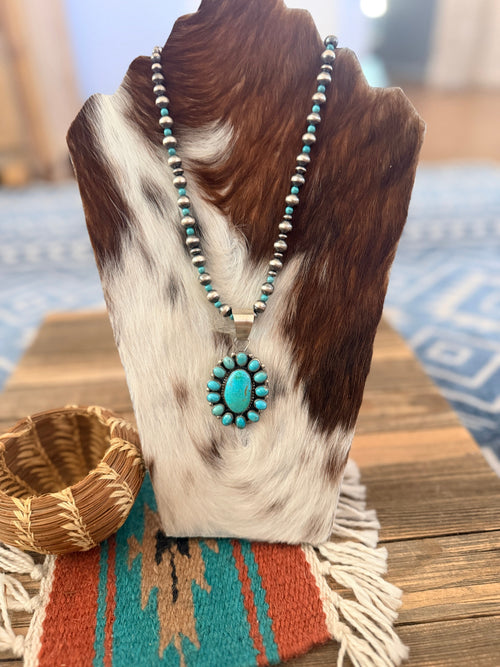 Handcrafted Turquoise & Sterling Silver Cluster Beaded Necklace by Sheila Becenti