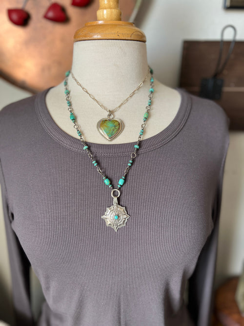 Tularosa Rosary Style Sterling Silver and Turquoise True North Beaded Necklace