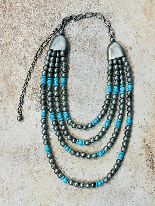 Vintage 4 Strand Blue Beaded Necklace