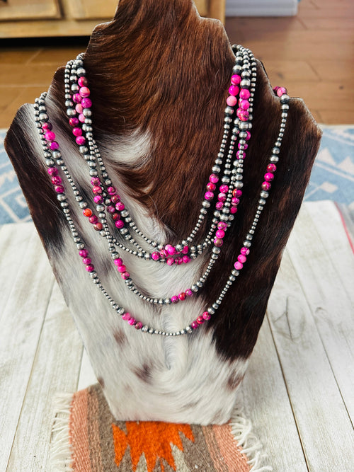 Navajo Sterling Silver & Pink Mojave Beaded Necklace