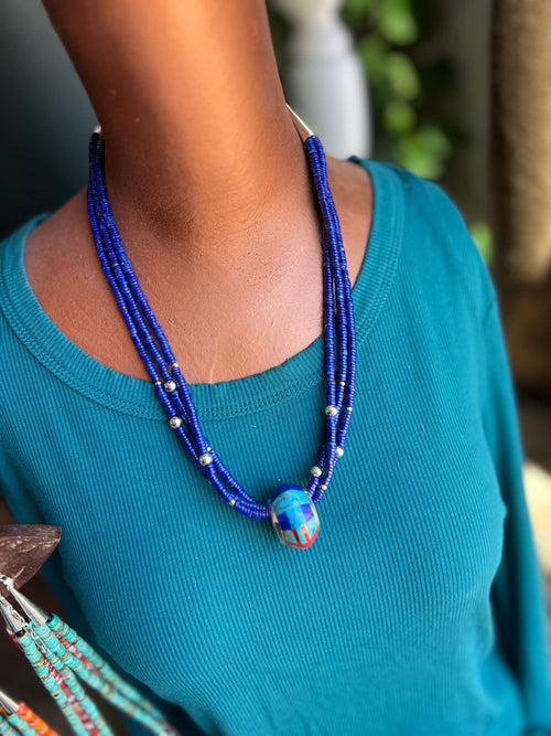 Daniel Coriz Triple Strand Lapis Beaded Necklace w/ Removable Sterling Silver & Stone Inlay Bead