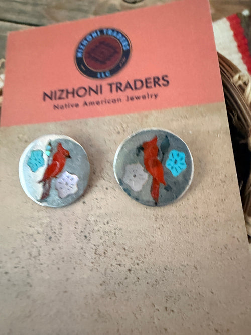 Old Pawn Handcrafted Sterling Silver & Multi Stone Inlay Cardinal Stud Earrings