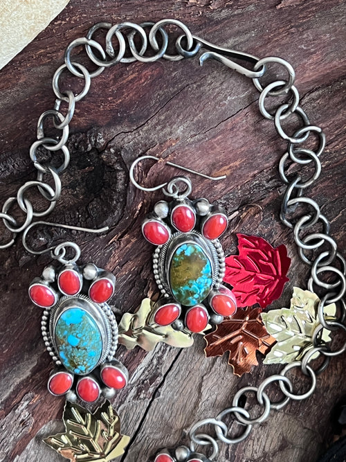 Taos Collection: Handcrafted Sterling Silver, Kingman Turquoise and Mediterranean Coral Necklace & Earrings Set by Kathleen Chavez
