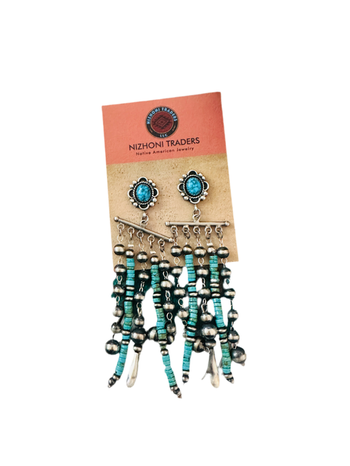 Navajo Turquoise & Sterling Silver Pearl Beaded Tassel Dangle Earrings