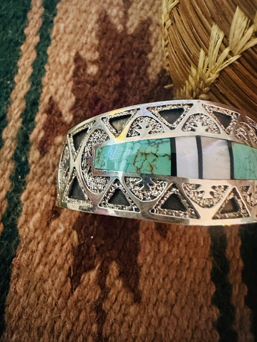 Old Pawn Navajo Turquoise, Mother of Pearl & Sterling Silver Inlay Cuff Bracelet