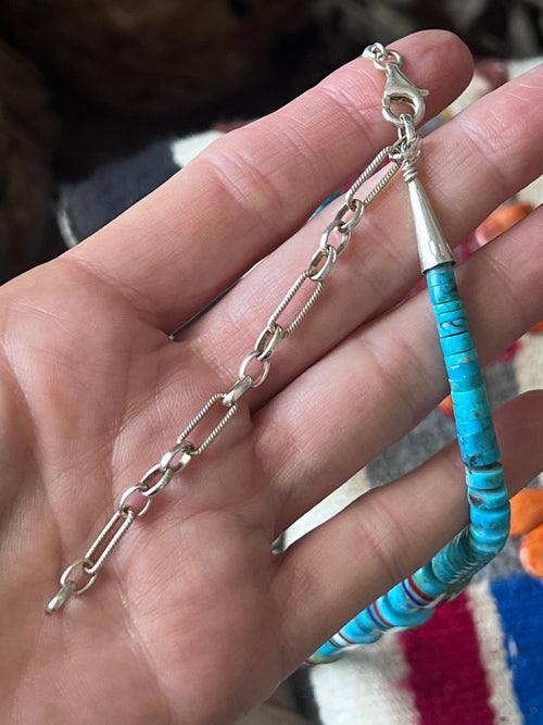 Ronald Chavez Handcrafted Turquoise Heishi Beaded Santo Domingo Necklace with Layered Barrel Bead Accents