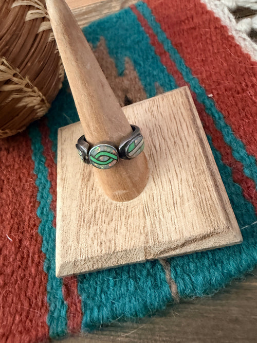 Old Pawn Handcrafted Multi Stone & Sterling Silver Inlay Ring Size 9