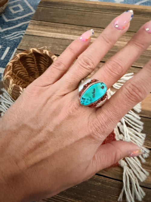 Old Pawn Handcrafted Turquoise, Coral & Sterling Silver Ring Size 14.5