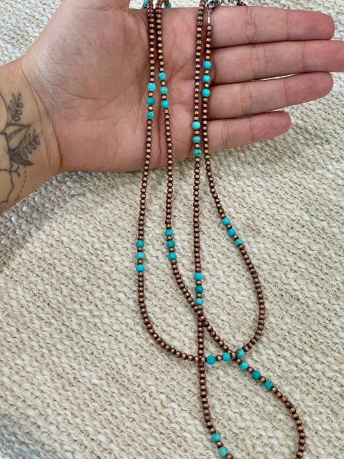 Handmade Copper & Turquoise  60” Beaded Necklace