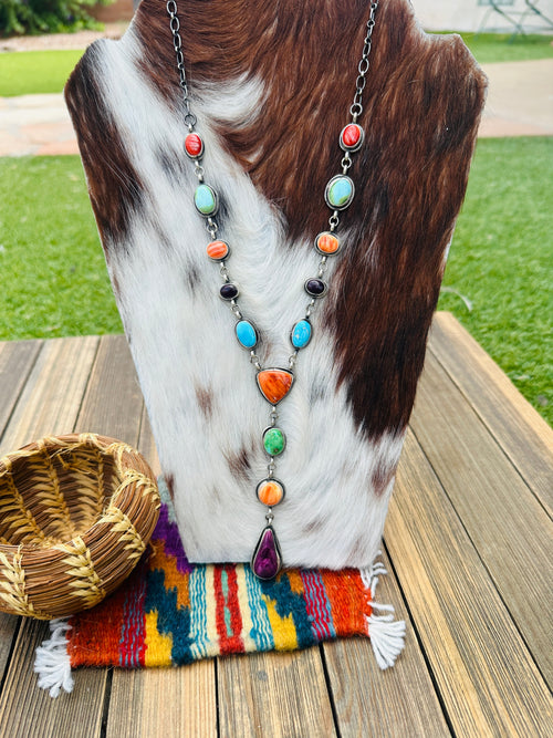 Handcrafted Turquoise, Spiny Oyster & Sterling Silver Electric Rainbow Lariat Necklace