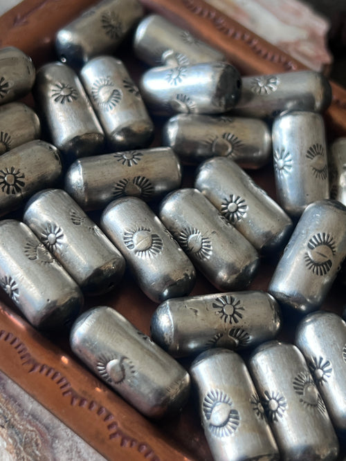 Handmade Stamped Sterling Silver Barrel Beads, Sunrise