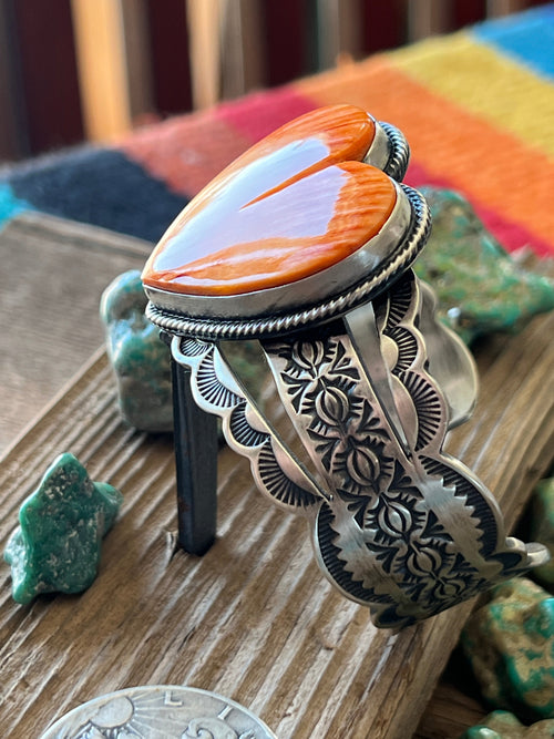 Navajo Sterling Silver and Orange Spiny Oyster Shell Heart Cuff Bracelet by Murphy Platero