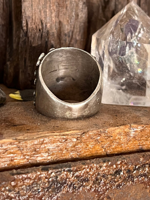 Old Pawn Sterling Silver and Diamond Turquoise Snake Eye Cigar Band Style Ring, Size 10.5