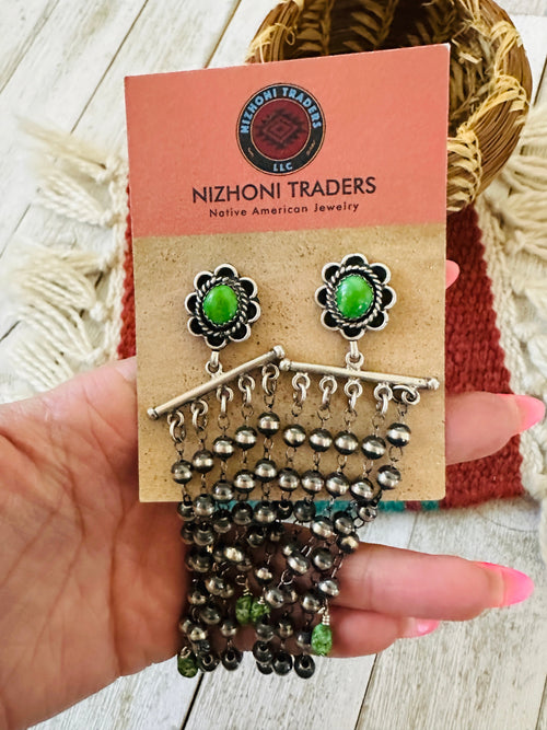 Navajo Green Turquoise & Sterling Silver Pearl Beaded Tassel Dangle Earrings