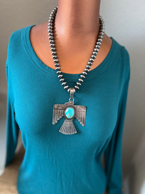 Kimari Somers Hand Stamped Sterling Silver & Kingman Turquoise Thunderbird Pendant 4
