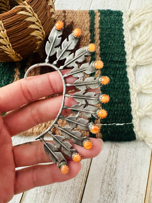 Navajo Orange Spiny & Sterling Silver Feather Cuff Earring (Left Side)