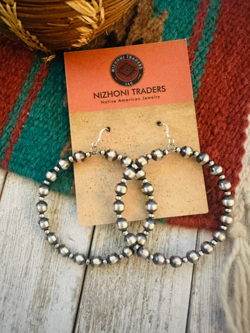 Navajo Sterling Silver Pearl Beaded Dangle Hoop Earrings