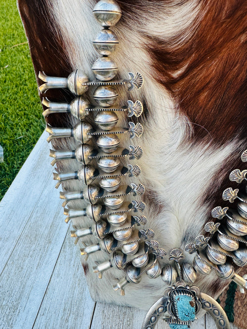 Handcrafted Vintage Old Pawn Turquoise & Sterling Silver Beaded Squash Blossom Necklace by James McCabe