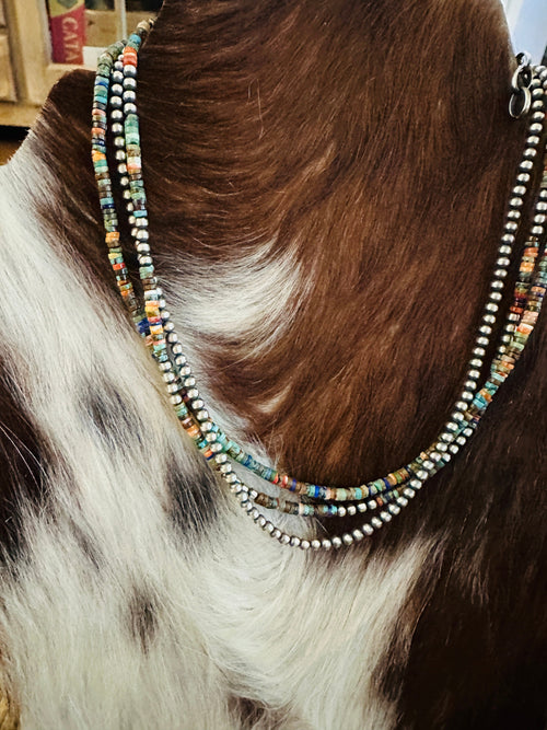 Handcrafted Turquoise, Spiny Oyster & Sterling Silver Pearl Triple-Strand 16” Beaded Necklace