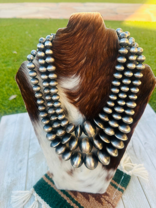 Handcrafted Triple Strand Sterling Silver Pearl Beaded Necklace by Rose Martin