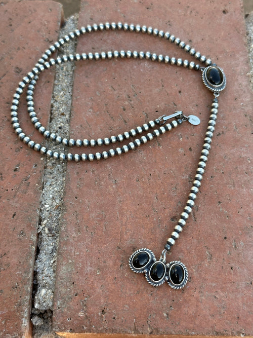 Navajo Onyx & Sterling Silver Pearl Beaded Lariat Necklace