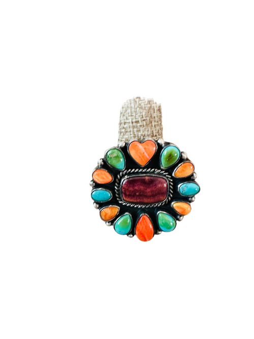 Navajo Electric Rainbow Sterling Silver, Turquoise & Spiny Ring by Bernyse Chavez and Angela Martin, Size 9
