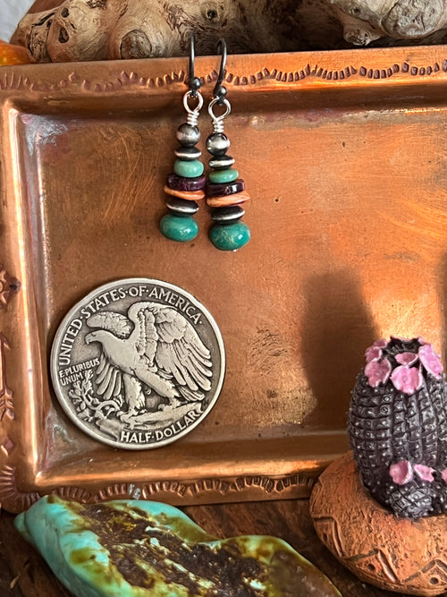 Handcrafted Summer Lovin’ Sterling Silver, Turquoise and Spiny Oyster Beaded Drop Earrings