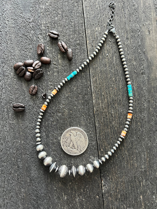 Summer Lovin’ Navajo Beaded Layering Necklace with Sterling Silver, Spiny Oyster Shell and Turquoise, 16” + 2”, The Flower Child