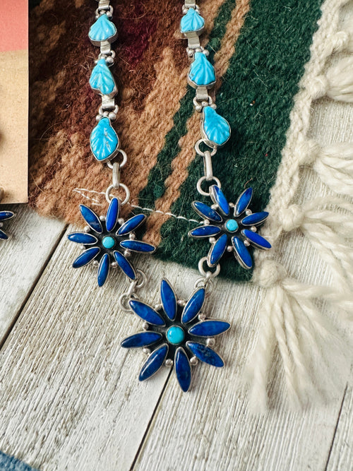 Old Pawn Zuni Sterling Silver, Turquoise & Lapis Flower Necklace and Earring Set