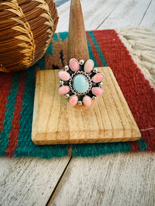 Navajo Sterling Silver, Queen Pink Conch & Turquoise Cluster Adjustable Ring