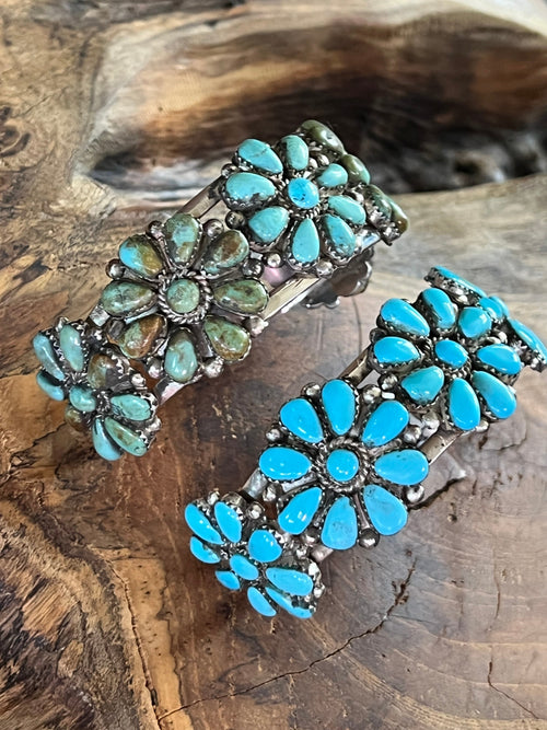 Old Pawn Navajo Sterling Silver and Mixed Turquoise Daisy Cluster Cuff Bracelet, Signed MA