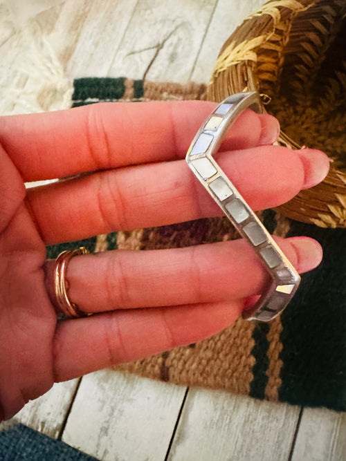 Old Pawn Navajo Mother of Pearl & Sterling Silver Inlay Cuff Bracelet