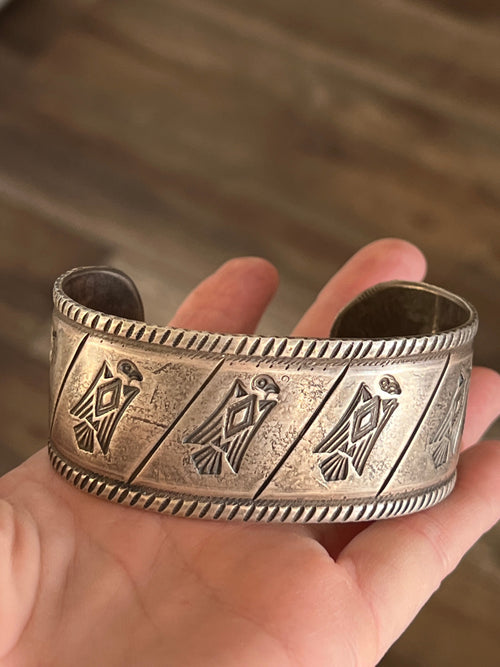 Hand Forged Old Pawn Sterling Silver Ingot Cuff Bracelet by Santa Fe Artist, Buffalo: The Birds