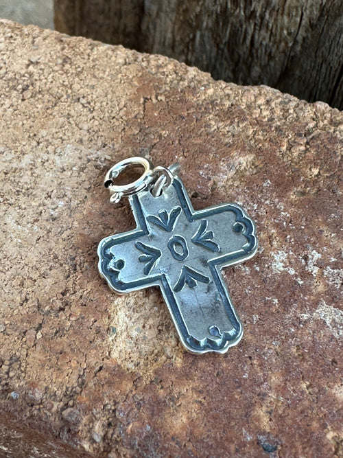 Navajo Crafted Sterling Silver Hand Stamped Cross Charm