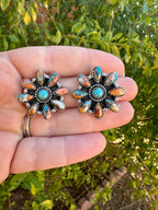 Handmade Sterling Silver, Spice, Turquoise Post Cluster Earrings Signed Nizhoni