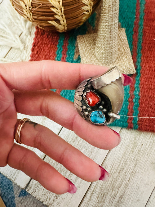 Old Pawn Handcrafted Turquoise, Coral & Sterling Silver Ring Size 9.5