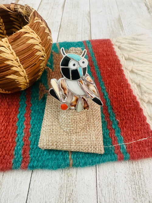 Old Pawn Zuni Sterling Silver & Multi Stone Inlay Owl Ring Size 7