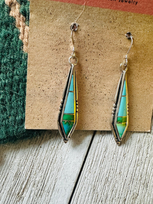 Navajo Sonoran Mountain Turquoise And Sterling Silver Inlay Dangle Earrings