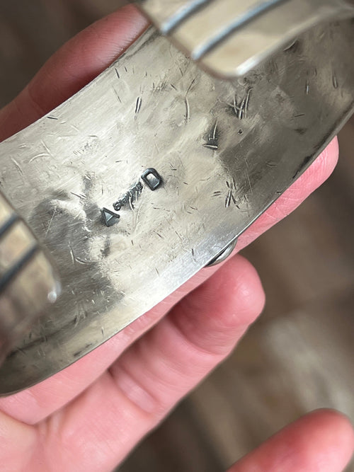 Old Pawn Handcrafted Sterling Silver and Spiny Oyster Cuff Bracelet, Signed AD