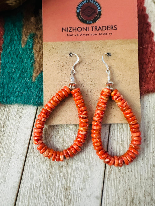 Handcrafted Orange Spiny & Sterling Silver Beaded Dangle Hoop Earrings
