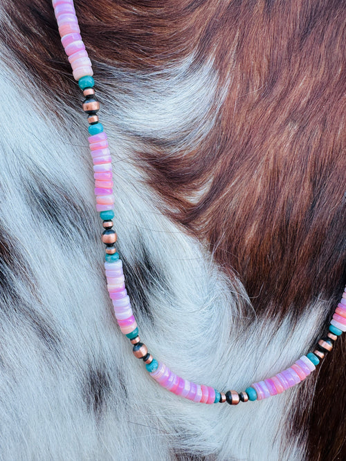 Handcrafted Queen Pink Conch, Turquoise & Copper 18” Beaded Necklace
