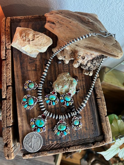 Navajo Made Sterling Silver Gems & Jewels Beaded Cluster Necklace and Earrings Set by Dianne Wylie