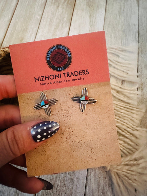 Handcrafted Old Pawn Sterling Silver & Multi Stone Sun Face Stud Earrings