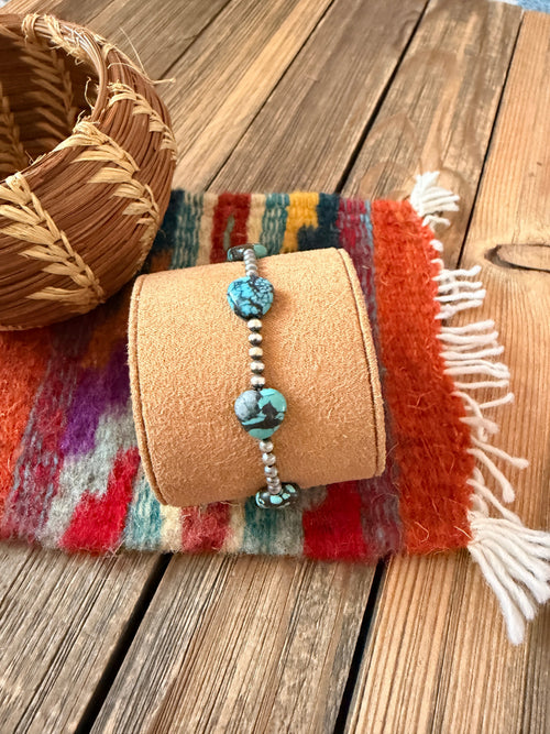 Handcrafted Turquoise & Sterling Silver Beaded Stretch Bracelet