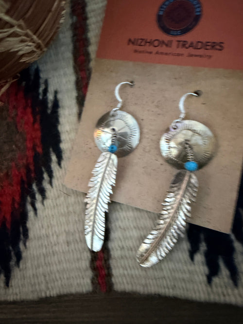 Old Pawn Handcrafted Sterling Silver & Turquoise Feather Dangle Earrings