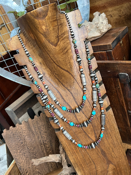Navajo Sterling Silver, Kingman Turquoise and Spiny Oyster Shell Handcrafted Electric Rainbow Beaded Necklace by Rose Martin, 26 + 1-1/2 inch